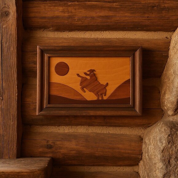Vintage Handcrafted Wood Inlay Western Cowboy Wall Art 7x5 Rustic Framed Plaque - Picture 4 of 4